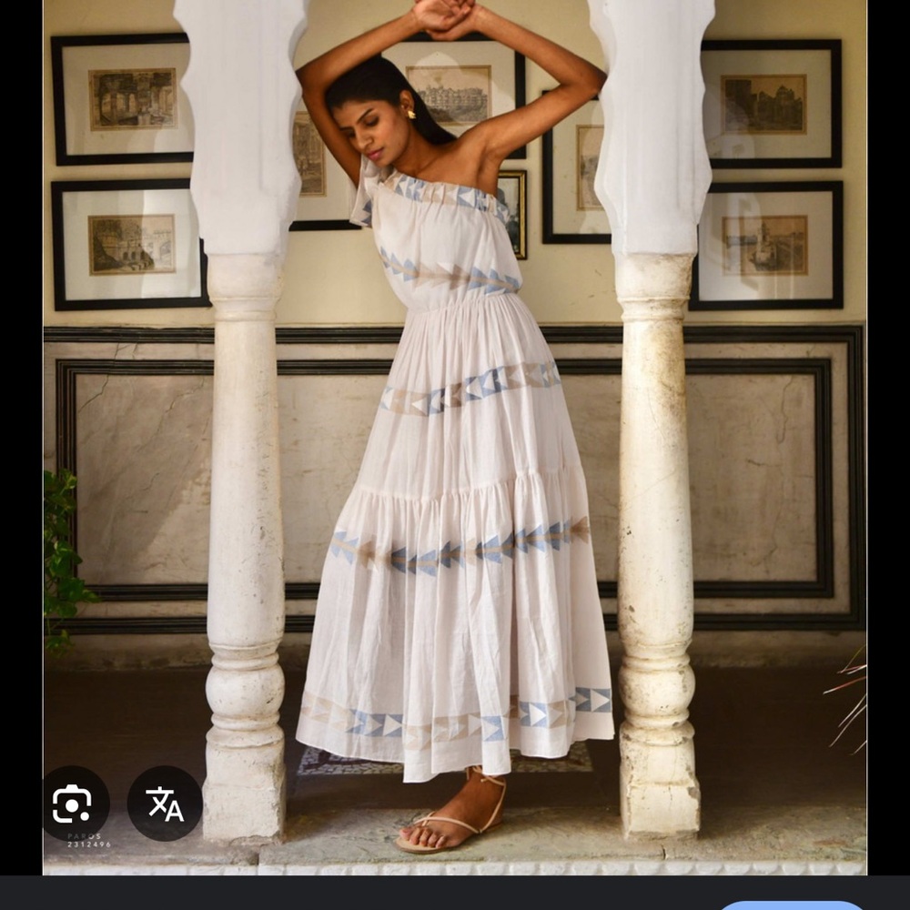 One-Shoulder White and Blue Dress Mirth